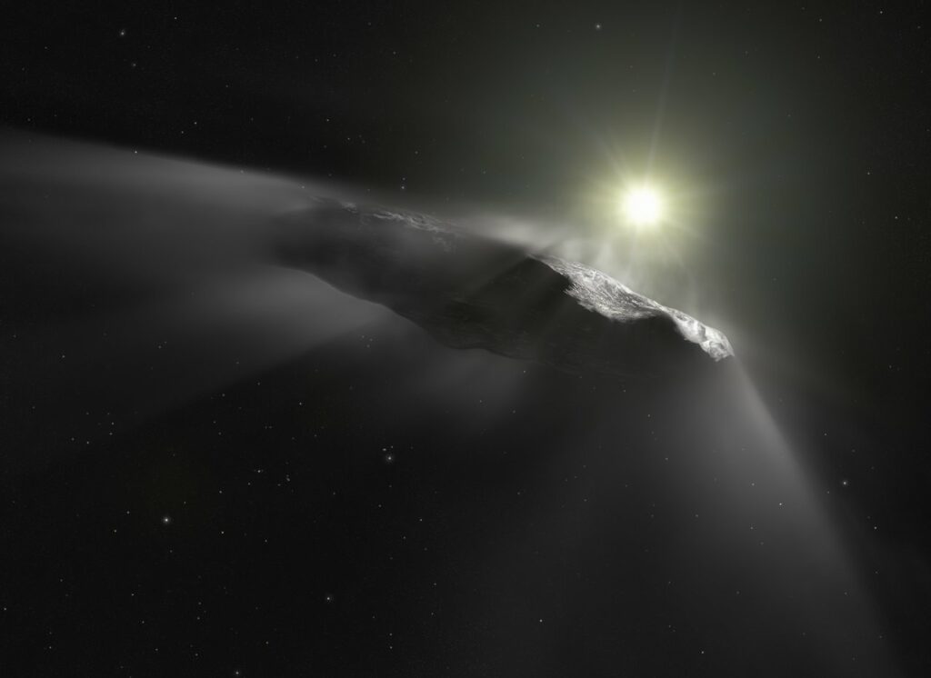 Künstlerische Darstellung von 1I/'Oumuamua, dem ersten interstellaren Asteroiden