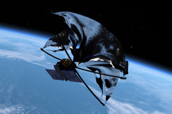 Artist's impression of the deorbiting of the ADEO brake sail in orbit, © High Performance Structures GmbH.