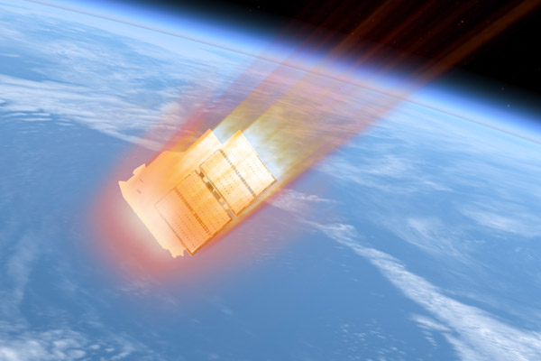 Artist's impression of a burning satellite descending in a controlled manner through an ADEO braking sail, © High Performance Structures GmbH