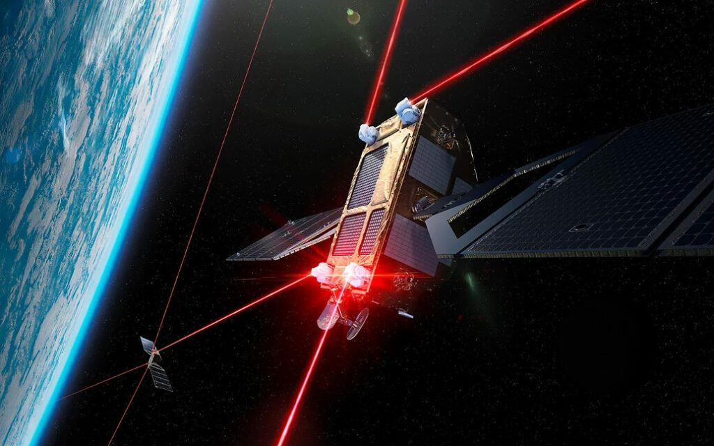 Künstlerische Darstellung von laserschneller Kommunikation zwischen Satelliten, wie sie UNIO realisieren will; © Mynaric