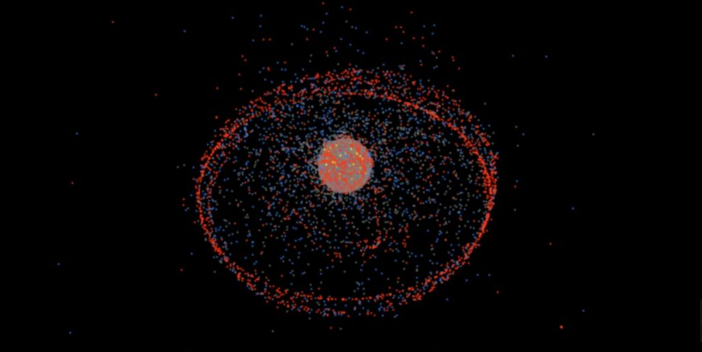 Jeder Punkt stellt ein menschengemachtes Objekt im Orbit der Erde dar, Screenshot Stuff in Space