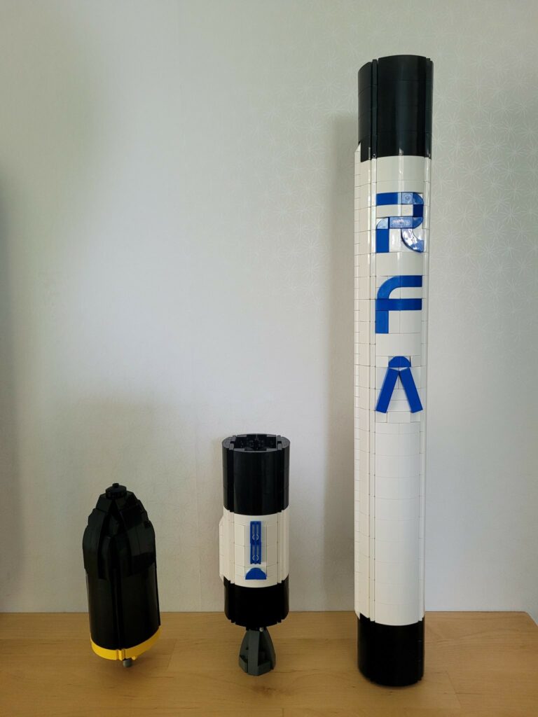Single stages of the RFA One made of LEGO® bricks in scale 1:42