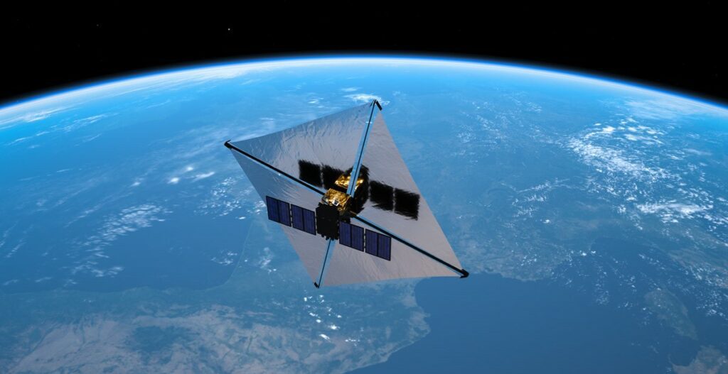 Visualisierung des Bremssegels ADEO von HPS an einem Satelliten im Erdorbit, wie es auch Reflex Aerospace einsetzen wird