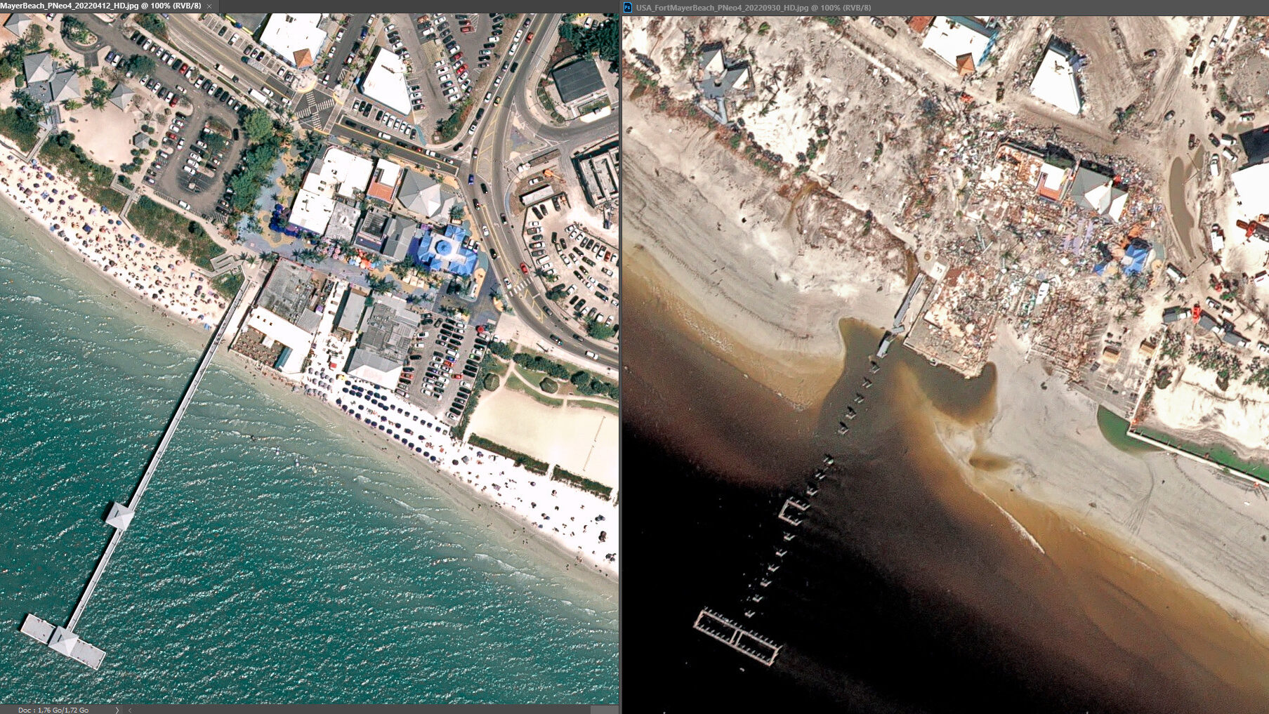 Fort Myers Beach (Forida, USA) vor (li) und nach (re) Hurrikan IAN (September/Oktober 2022); © Airbus Space & Defense 