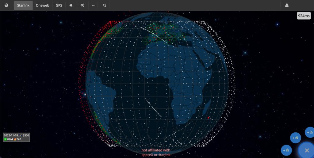 The current positions of the Starlink satellites can be tracked in near real time; screenshot from satellitemap.space.