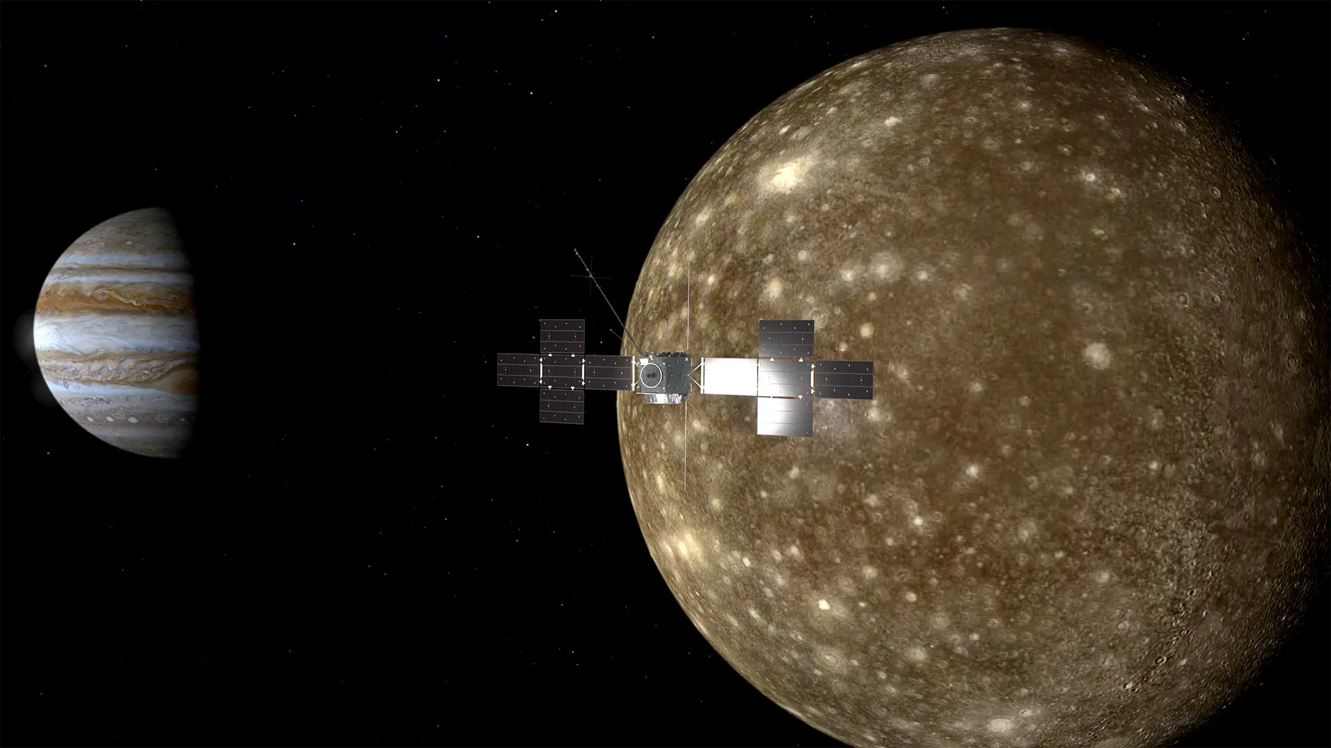 Künstlerische Darstellung von Juice bei Vorbeiflug an Callisto; © ESA (ATG Medialab)