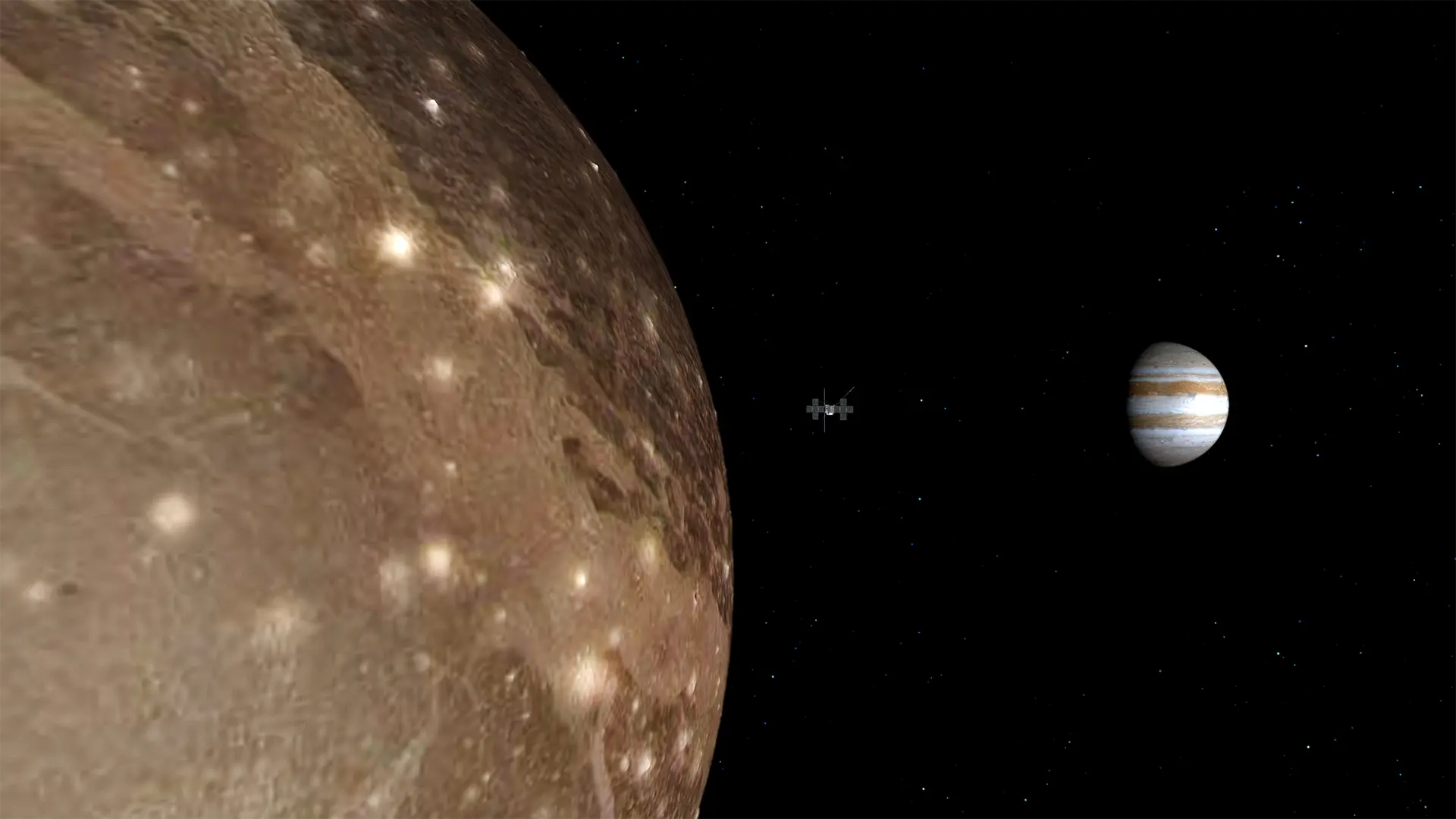 Künstlerische Darstellung von Juice bei Vorbeiflug an Ganymed; © ESA (ATG Medialab)