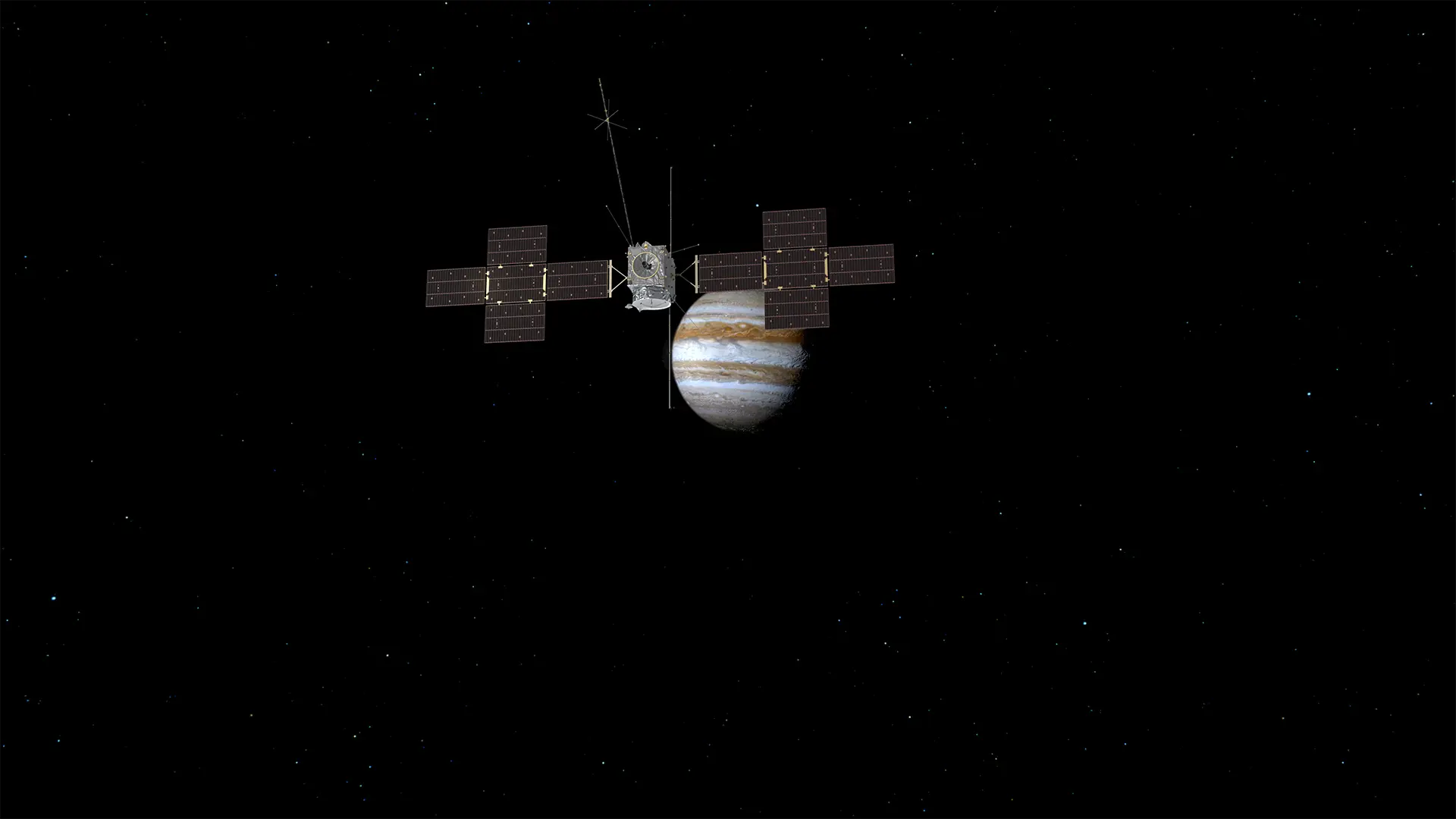 Künstlerische Darstellung der Raumsonde JUICE am Jupiter;
© ESA (ATG Medialab)