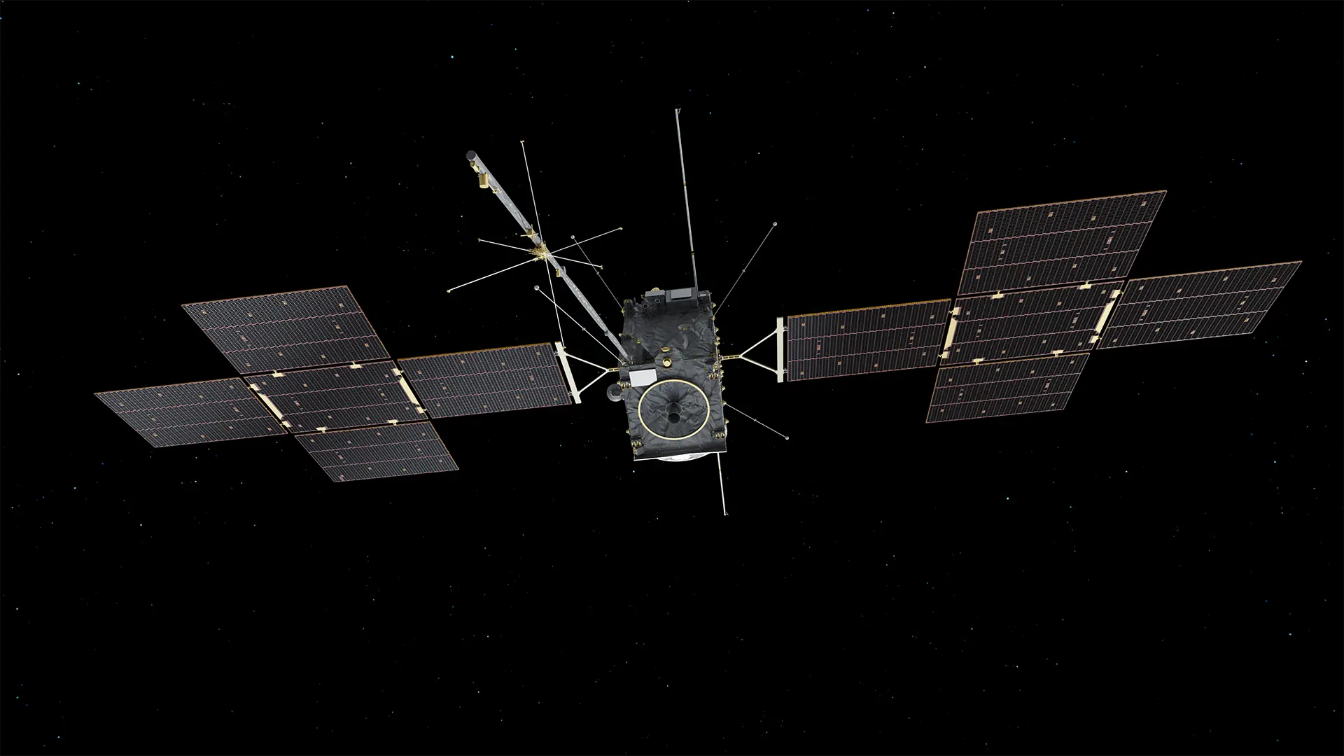Künstlerische Darstellung der Raumsonde JUICE nach Entfaltung aller Instrumente;
© ESA (ATG Medialab)