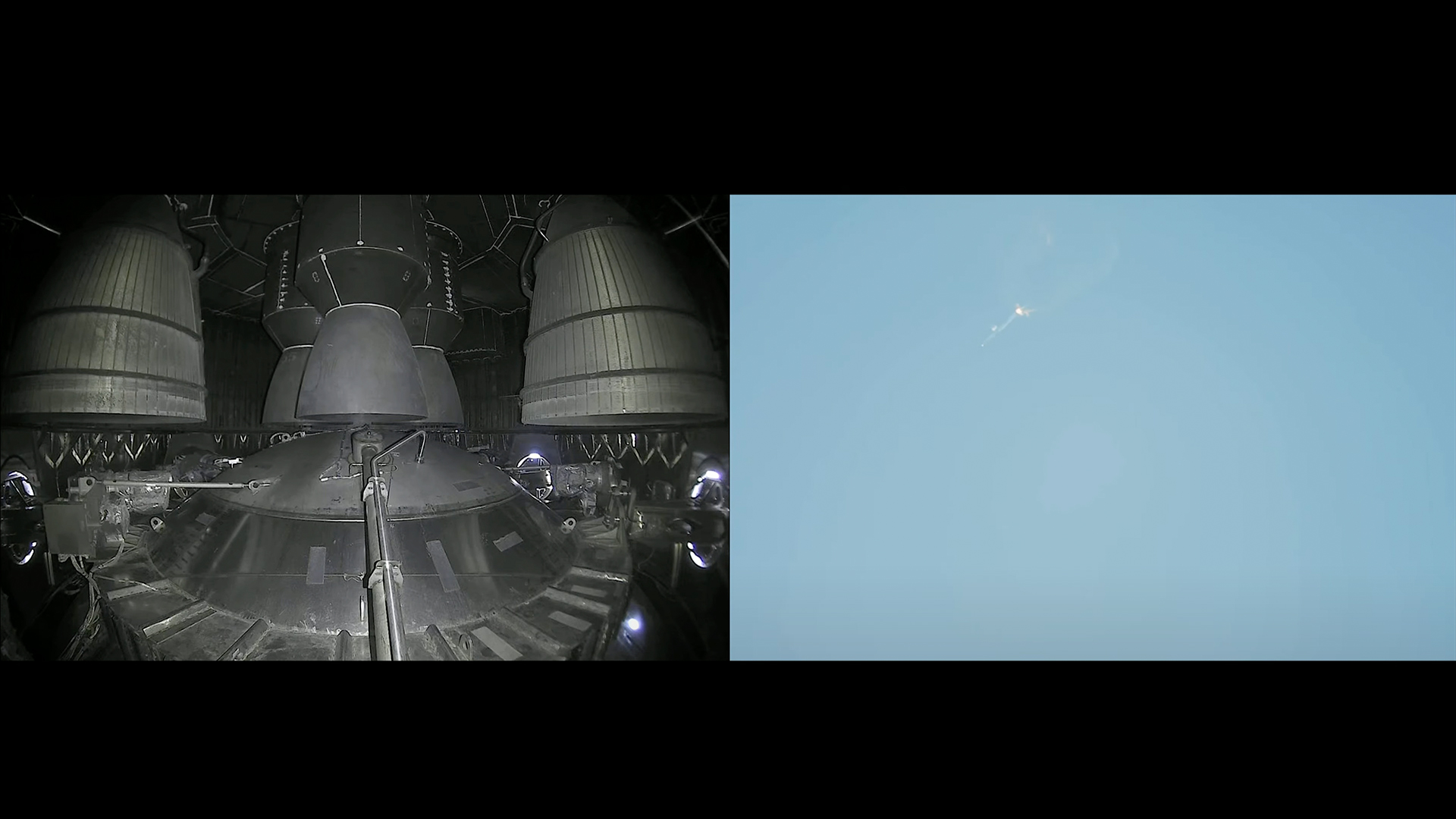 Splitscreen während des Livestreams zeigt das Starship von SpaceX während des Orbital Test Flights, Screenshot;© SpaceX
