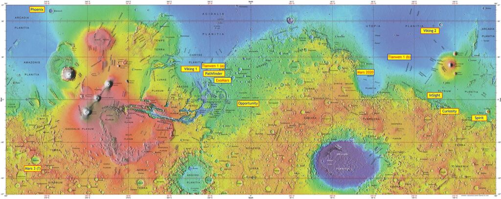 Landestellen bisheriger Missionen zum Mars