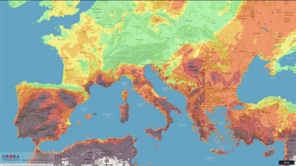 Waldbrandgefahr in Südeuropa im August 2021; © OroraTech