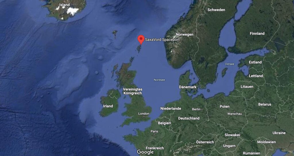 Lage des SaxaVord Spaceport, von dem aus RFA seine Microlauncher starten will, Visualisierung Google Maps