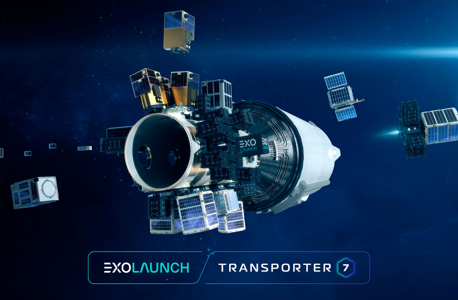 Künstlerische Darstellung der Nutzlasten auf Zweitstufe für SpaceX Transporter-7, © Exolaunch